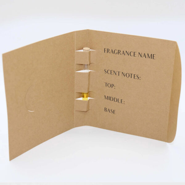 Inside of perfume sample card printed design and perfume tube