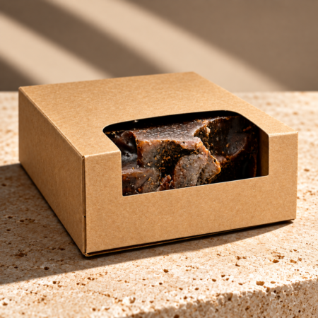 Three-quarter view of a natural kraft soap packaging box by UX BOXES, featuring a rounded rectangular window cutout revealing dark, textured artisan soap bars. The box rests on a beige travertine surface with warm directional sunlight, dramatic shadows, and high-contrast details that highlight the kraft paperboard texture.