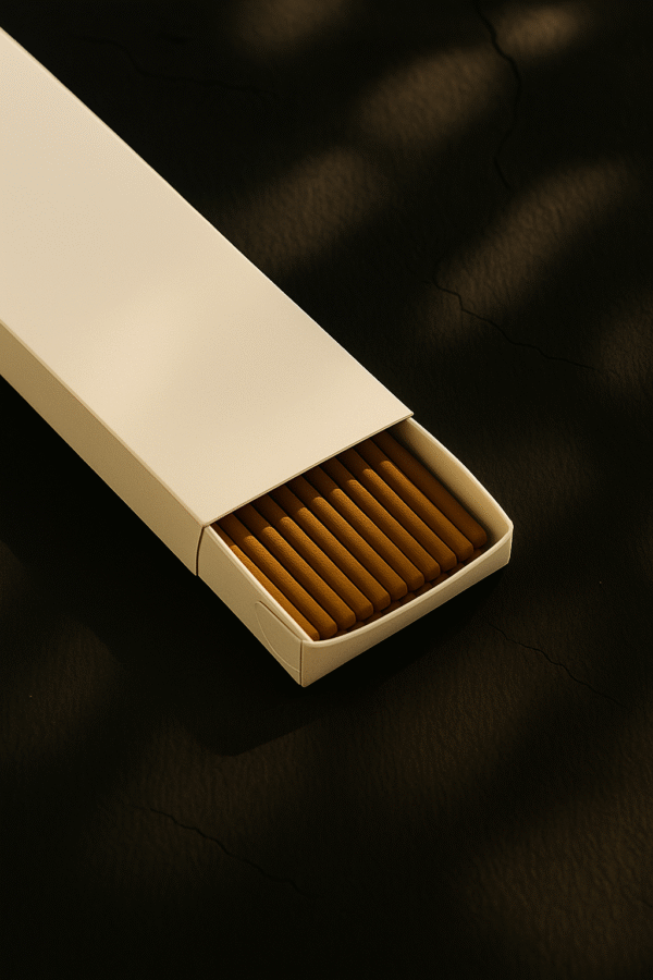 3-quarter view of a DIY Ivory Incense Packaging by UX BOXES® on a off-black sandstone countertop