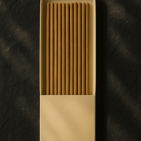 Top view of a DIY Incense Ivory Packaging by UX BOXES® on a black sandstone countertop