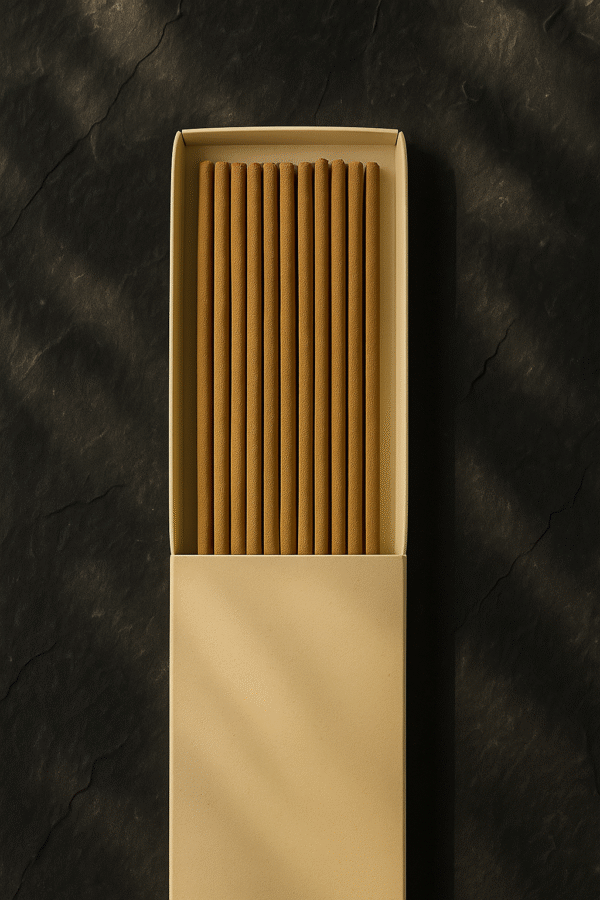 Top view of a DIY Incense Ivory Packaging by UX BOXES® on a black sandstone countertop
