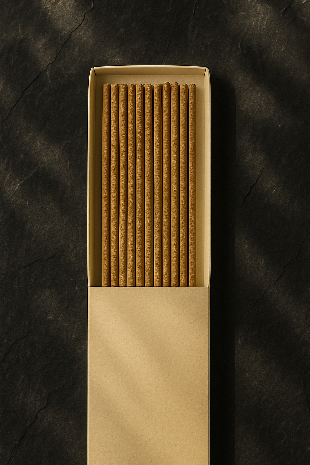Top view of a DIY Incense Ivory Packaging by UX BOXES® on a black sandstone countertop
