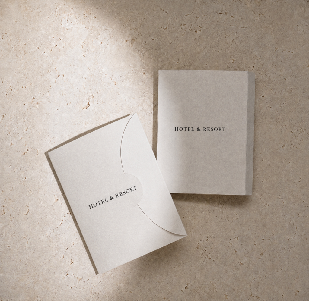 Minimal luxury hotel and resort stationery flat lay on a creamy textured stone surface with soft natural shadowing. A tilted curved-flap card in the foreground and a standing booklet in the background both feature elegant “HOTEL & RESORT” typography in black serif lettering.