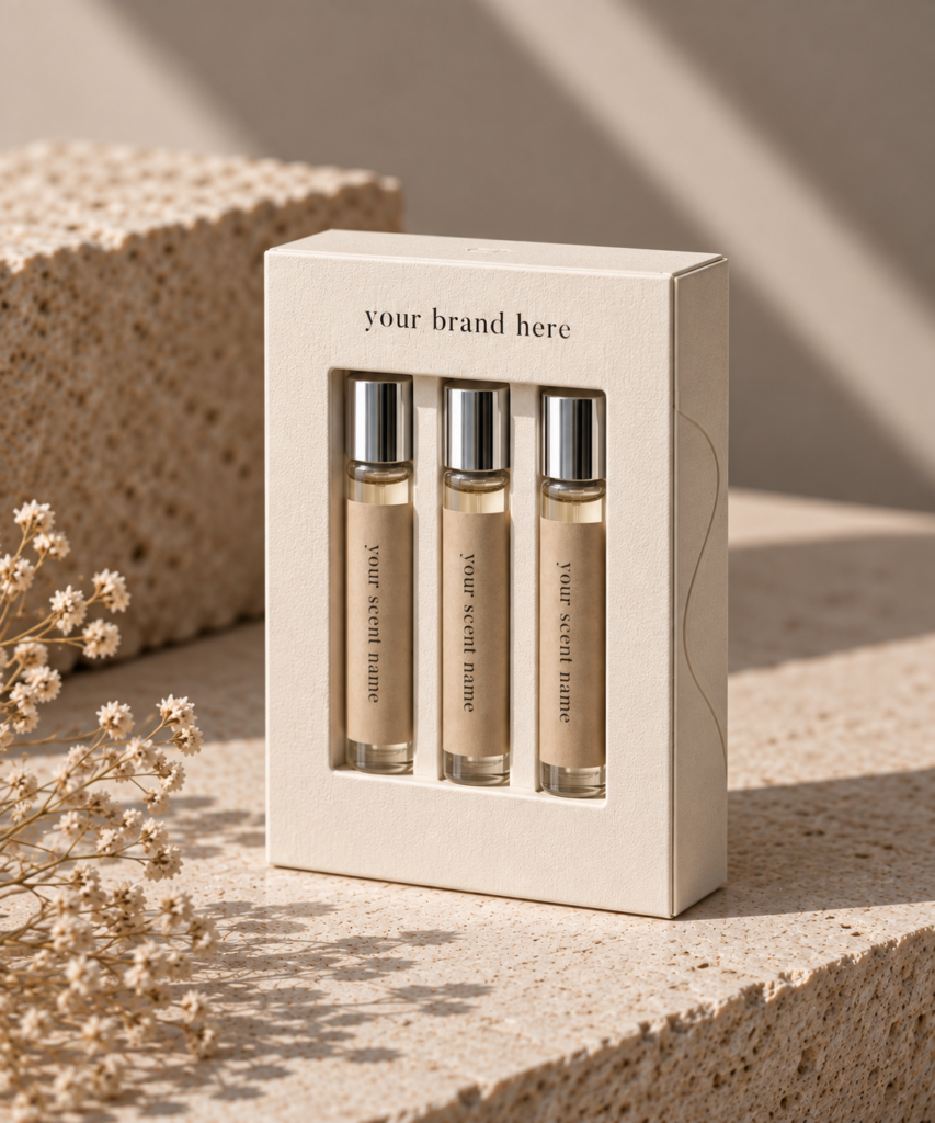 Luxury cream perfume discovery set featuring three glass sample vials with kraft labels and silver caps in a textured window box.