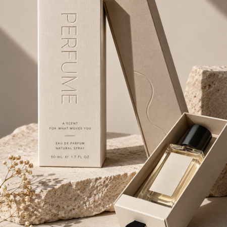 Luxury cream textured perfume packaging with embossed PERFUME lettering, drawer-style box, glass fragrance bottle, and warm stone backdrop.