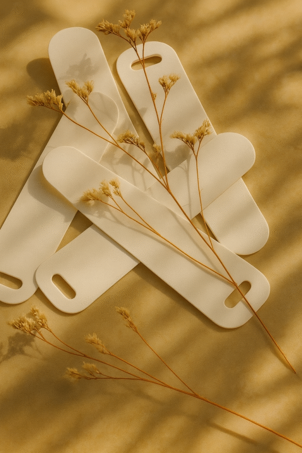Minimo Perfume Scent Strips by UX BOXES® scattered on a light brown surface adorned with dried florals with sun dappling