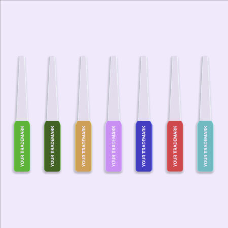 UX BOXES® Perfume Scent Strips | A digital rendering illustrating a row of seven branded perfume scent strips with colorful paddles. Each paddle is presented in a vibrant color with all caps text that reads: YOUR TRADEMARK. The blotter tip remains white against a plain white background with a subtle pinkish tint.