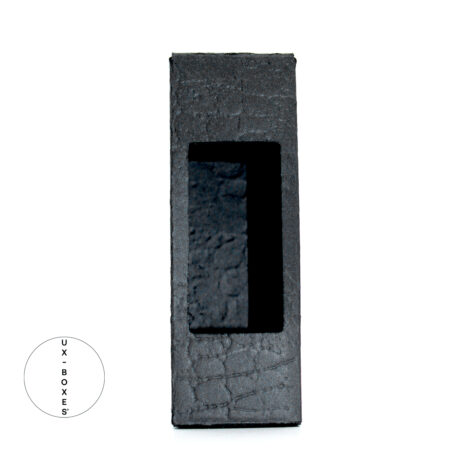 UX BOXES® | Leather-Touch Straight Tuck End Gift Open-Window Dropper Bottle Boxes™. Small straight tuck end black window dropper bottle boxes embossed with a leather-like appearance in bright lighting.