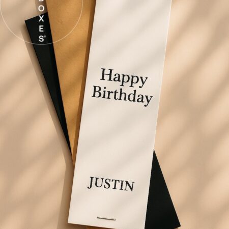 UX BOXES Trademark | Three sun-dappled overlapped envelopes laying flat on a light beige surface. A white envelope in the front of the overlapped stack reads: Happy Birthday JUSTIN. Underneath the white envelope is a Kraft envelope and underneath the Kraft is a black envelope.