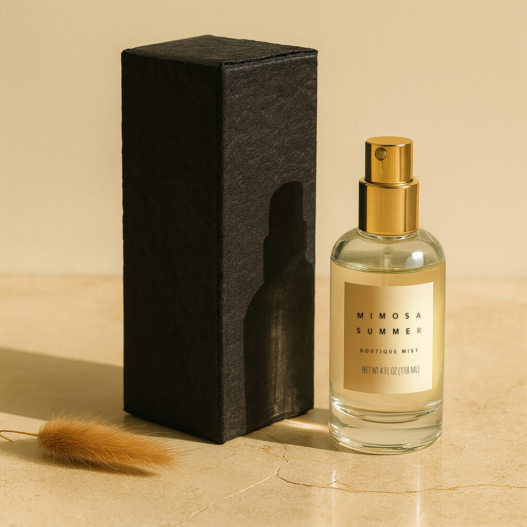 Label design that reads in all caps: MIMOSA SUMMER BOUTIQUE MIST. The 4 ounce clear glass mist bottle with gold cap stands near a leather textured black tuck box adjacent a pampas prop on a semi-gloss cream sandstone countertop its reflection reflected softly in warm lighting. 