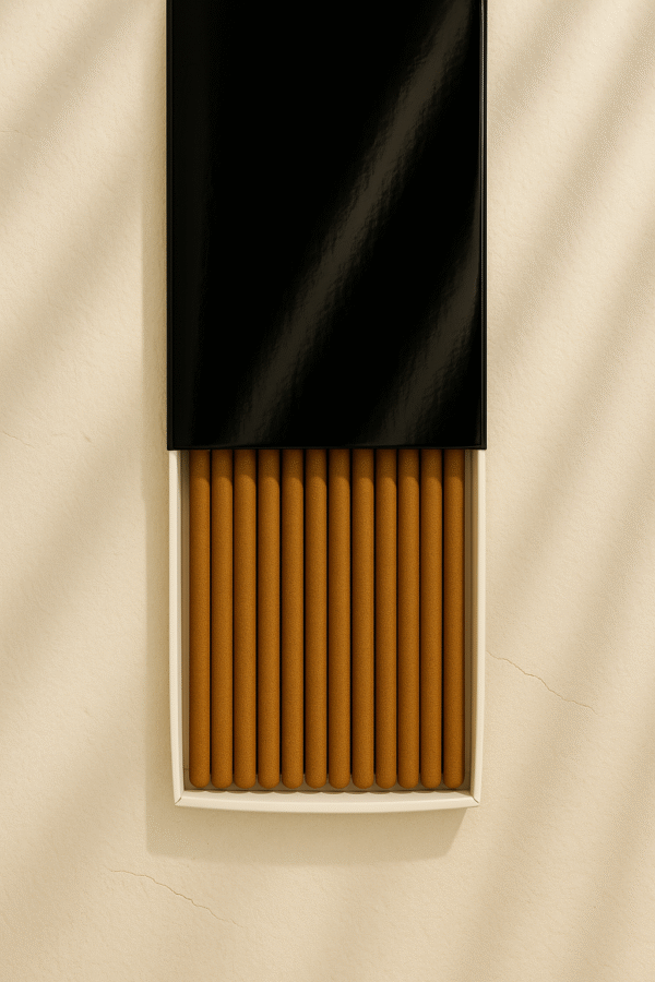 Top view of a DIY Incense Black Glossy Packaging by UX BOXES® on a white sandstone countertop