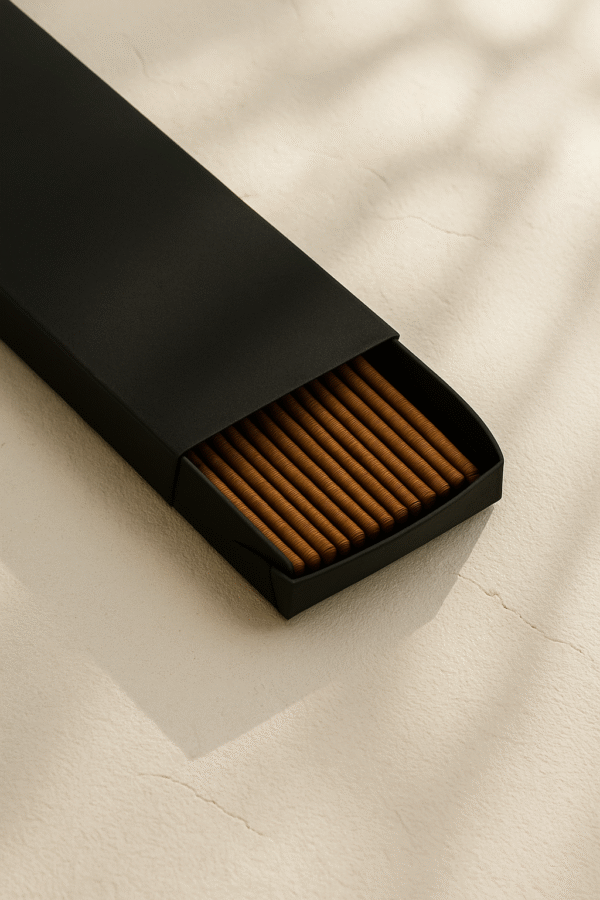 3-quarter view of a DIY Black Incense Packaging by UX BOXES® on a off-white sandstone countertop