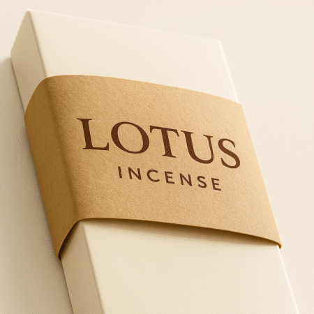 Top view of a DIY Incense White Packaging by UX BOXES® with a Colossal™ Box Natural Kraft Band that reads: LOTUS INCENSE. The box lays flat against a white matte surface.