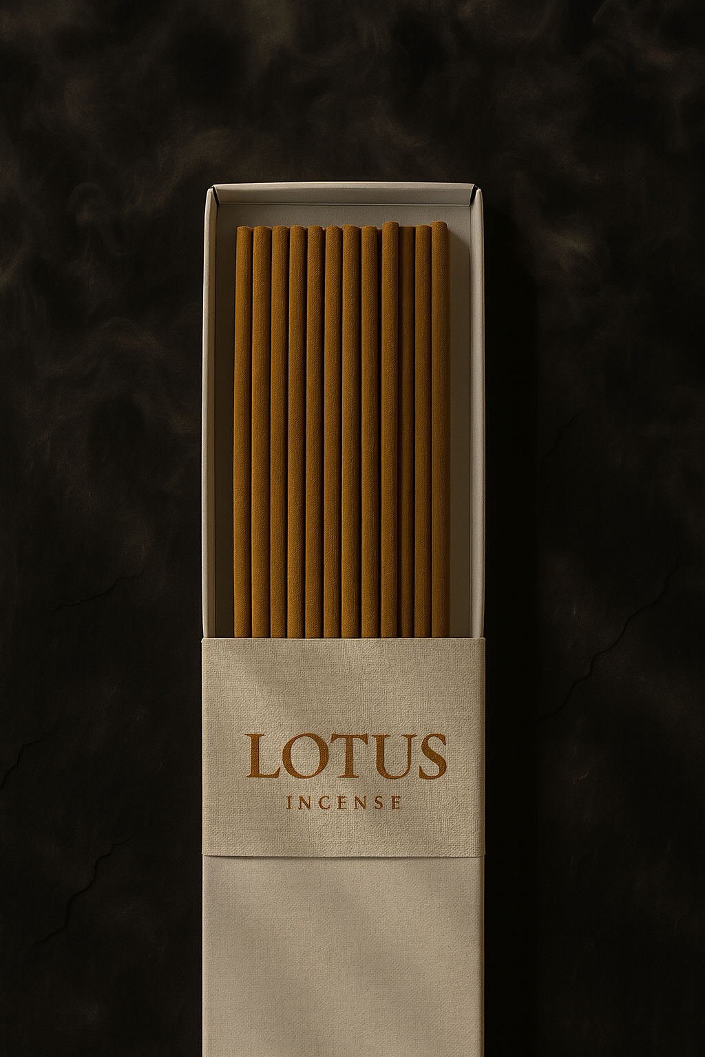 Top view of a DIY Incense White Packaging by UX BOXES® with a Colossal™ Box Band that reads: LOTUS INCENSE. The box lays flat on a black sandstone countertop