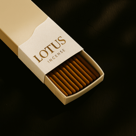 3-quarter view of a DIY Ivory Incense Packaging by UX BOXES® with the Prominent™ Box Tactile Label Series that reads: LOTUS INCENSE. The box lays on a off-white sandstone countertop.