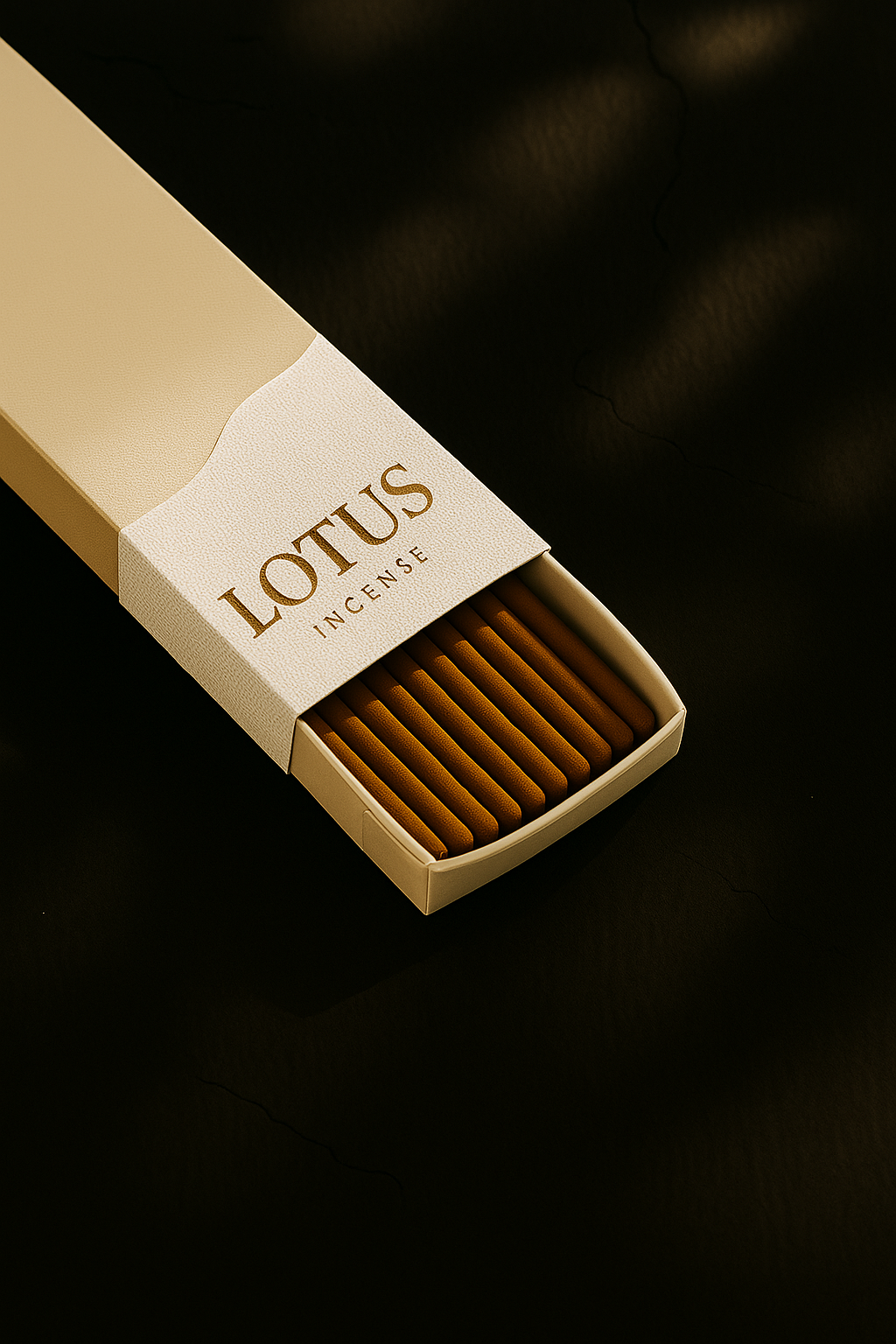 3-quarter view of a DIY Ivory Incense Packaging by UX BOXES® with the Prominent™ Box Tactile Label Series that reads: LOTUS INCENSE. The box lays on a off-white sandstone countertop.