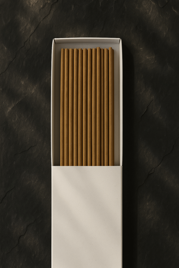 Top view of a DIY Incense White Packaging by UX BOXES® on a black sandstone countertop