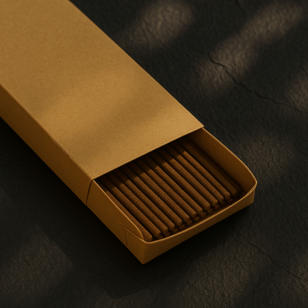 3-quarter view of a DIY Kraft Incense Packaging by UX BOXES® on a black sandstone countertop