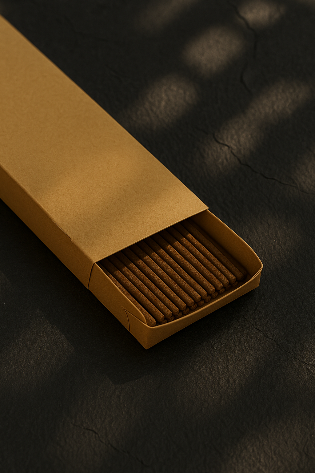 3-quarter view of a DIY Kraft Incense Packaging by UX BOXES® on a black sandstone countertop