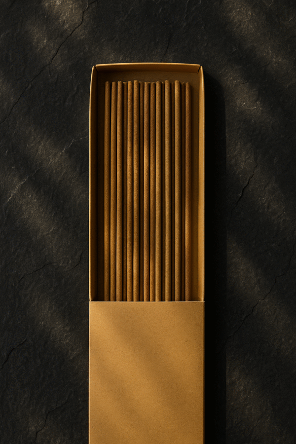 Top view of a DIY Incense Kraft Packaging by UX BOXES® on a black sandstone countertop