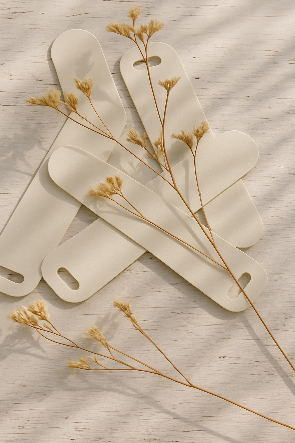 Minimo Perfume Scent Strips by UX BOXES® scattered on white rustic wooden surface adorned with dried florals with sun dappling