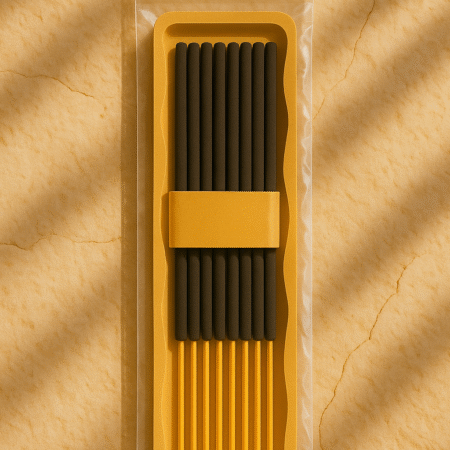 UX BOXES® Ondula Incense Packaging Insert Inlay inside a clear ziplock bag flat lay on a sandstone crack surface in warm sun-dappled lighting.