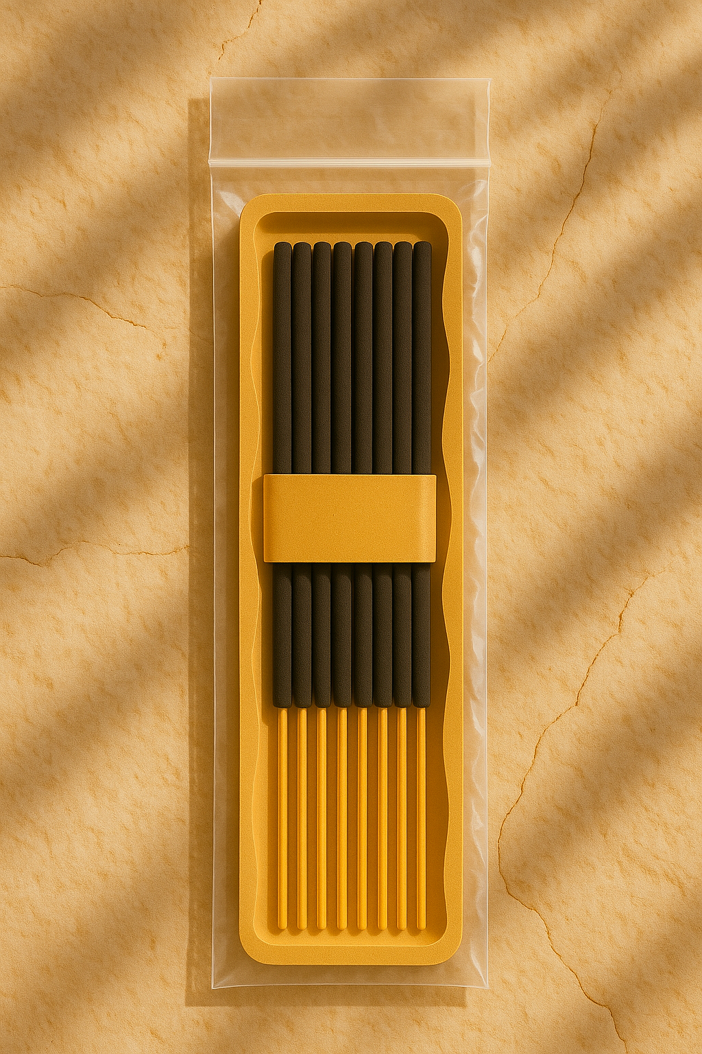 UX BOXES® Ondula Incense Packaging Insert Inlay inside a clear ziplock bag flat lay on a sandstone crack surface in warm sun-dappled lighting.