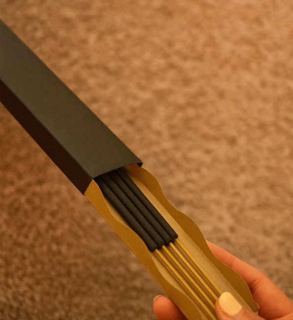 UX BOXES® Ondula Incense Packaging on a sandstone crack surface in warm lighting
