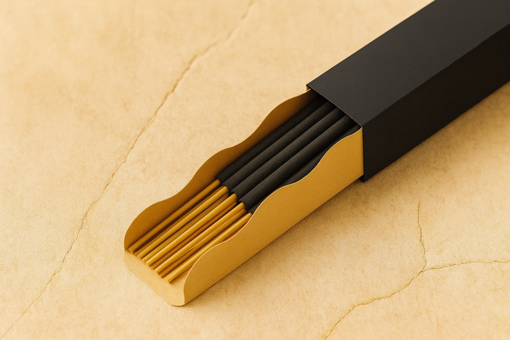 UX BOXES® Ondula Incense Packaging on a sandstone crack surface in warm lighting
