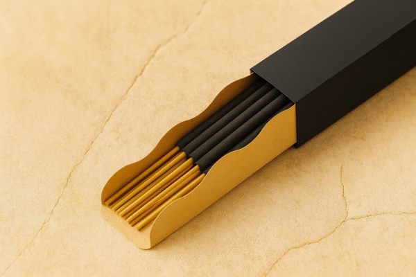 UX BOXES® Ondula Incense Packaging on a sandstone crack surface in warm lighting