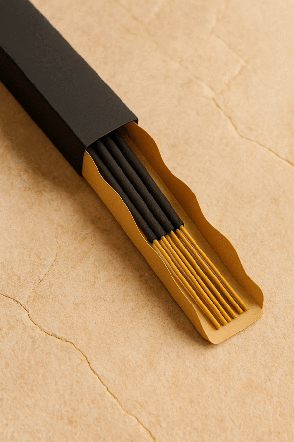 UX BOXES® Ondula Incense Packaging on a sandstone crack surface in warm lighting