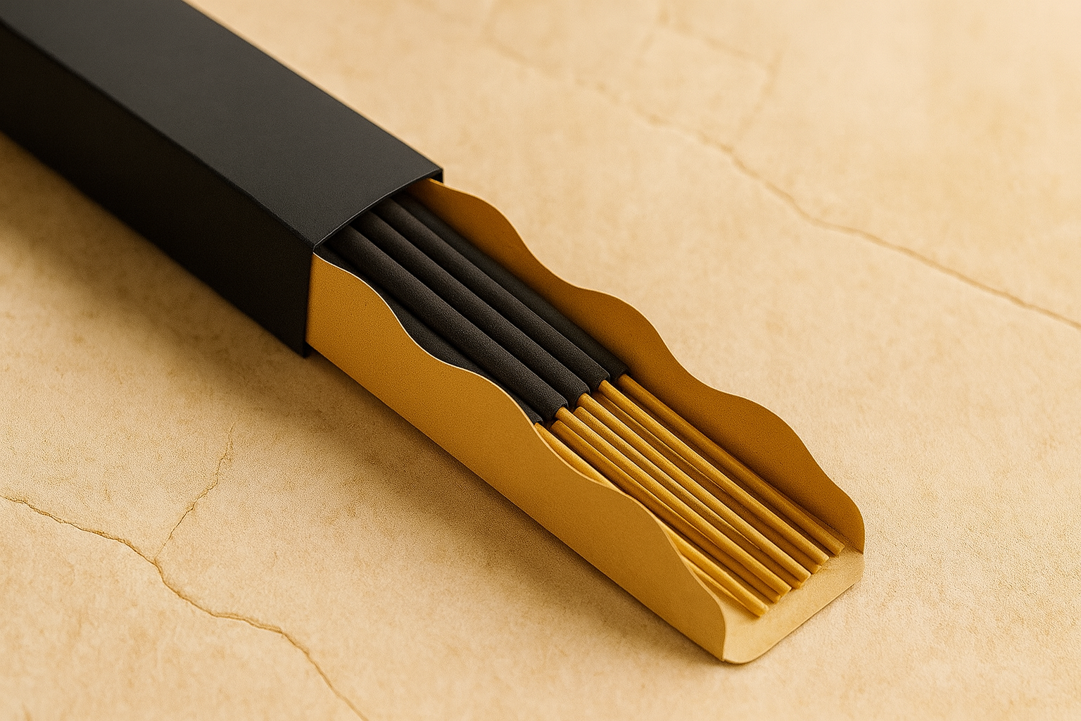 UX BOXES® Ondula Incense Packaging on a sandstone crack surface in warm lighting