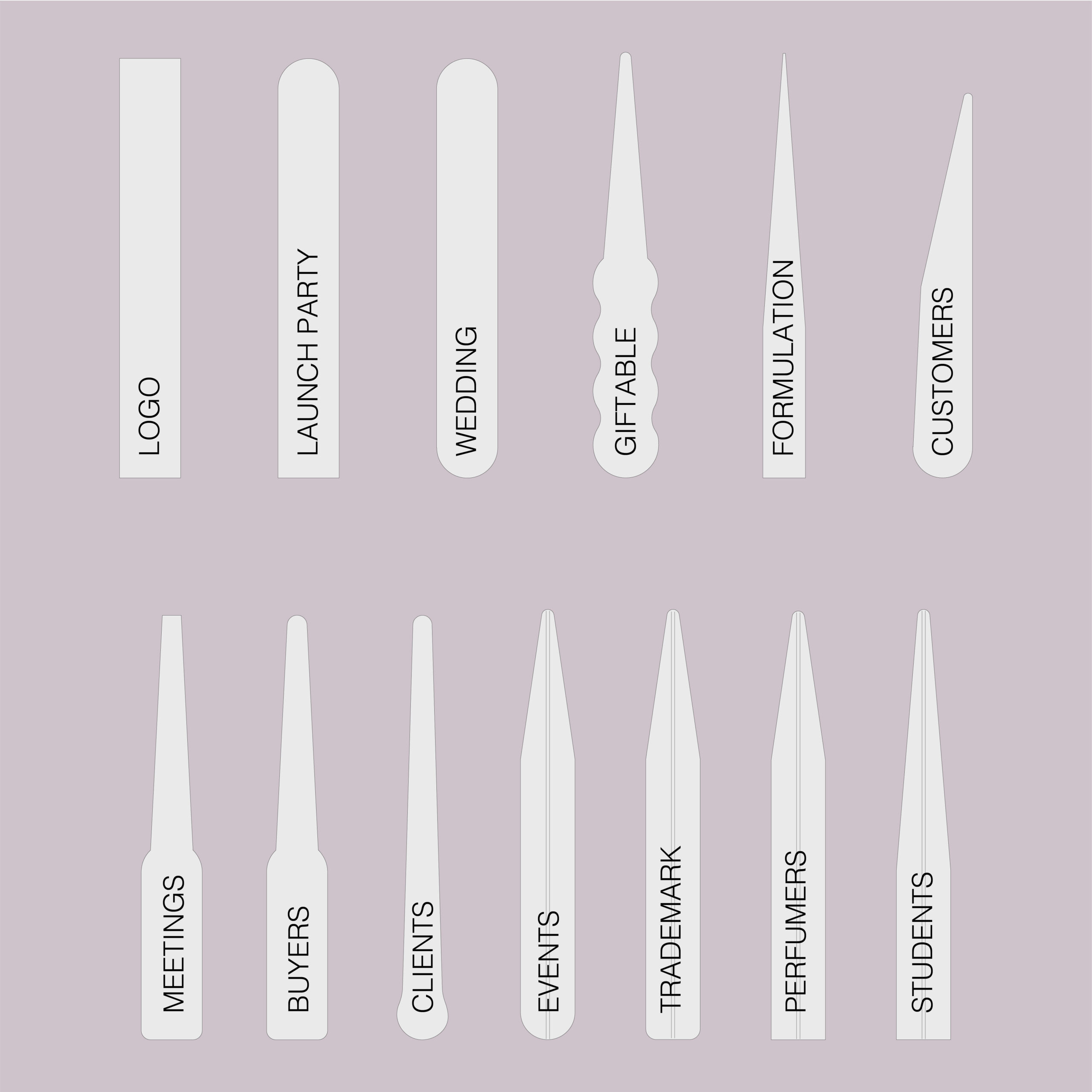 Personalized Perfume Scent Strips for logo, launch parties, wedding, giftables, formulations, customers, meetings, buyers, clients, perfumers, events, trademarks, students