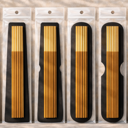 Four black incense insert cards in clear poly bags with punch holes, featuring architectural shapes for retail incense packaging, displayed on a sandstone background.