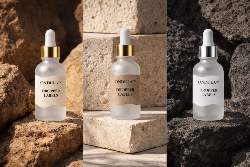 Three frosted glass dropper bottles with Ondulaโข labels in cream, kraft, and white linen textures displayed on natural stone backgrounds.