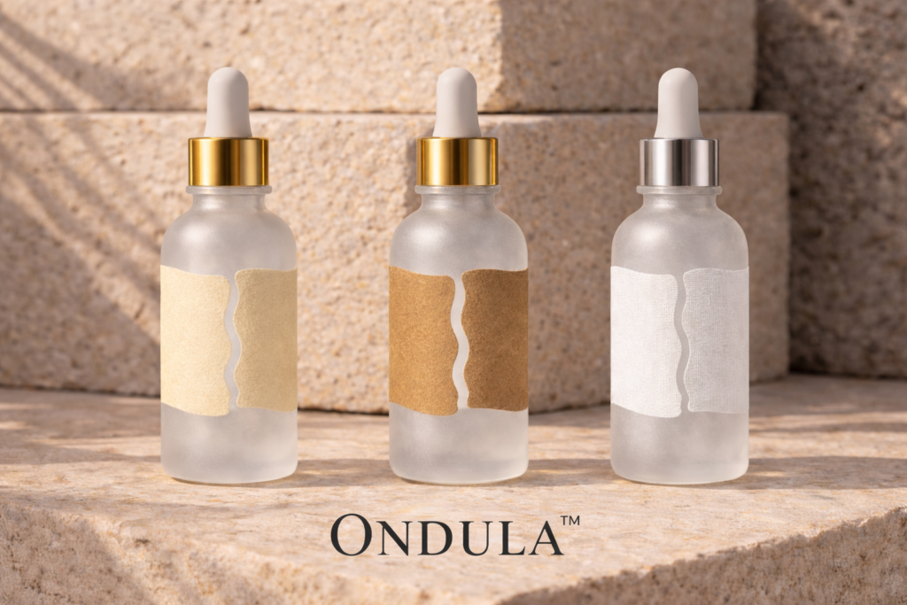 Three frosted dropper bottles with Ondula™ wavy seam labels in cream, kraft, and white linen textures displayed on a natural stone background.