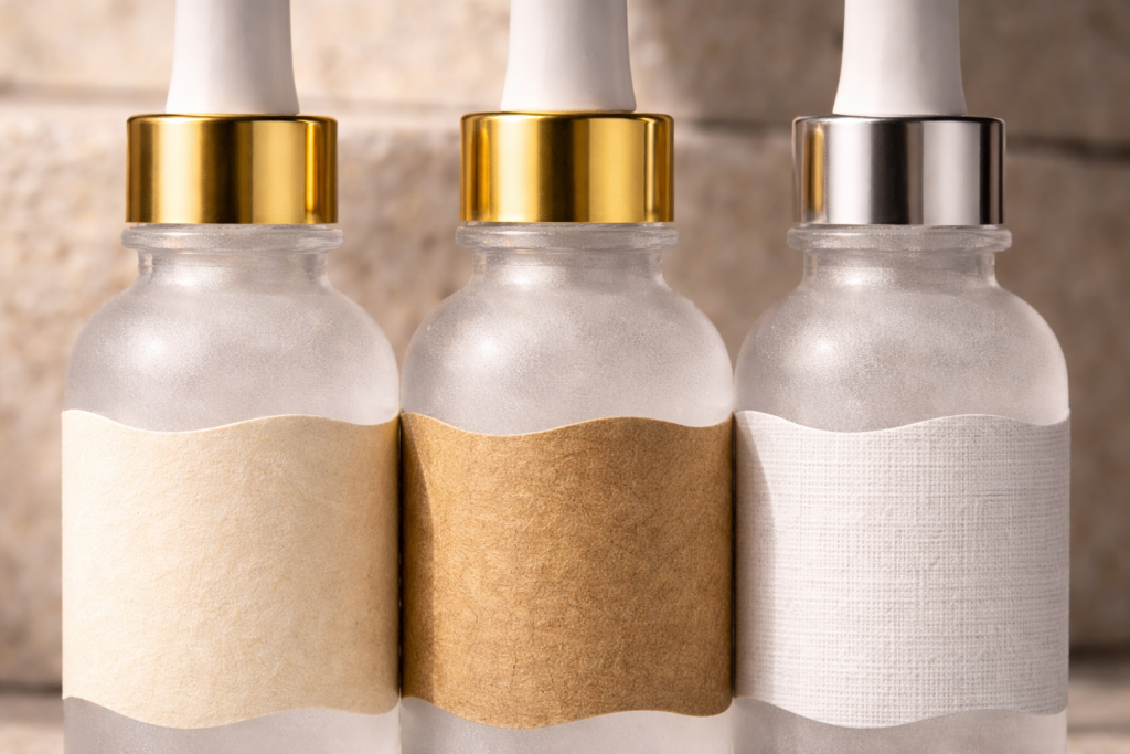 Macro detail of Ondulaโข dropper bottle labels in cream paper, kraft paper, and white linen textures on frosted cosmetic bottles with gold and silver collars.