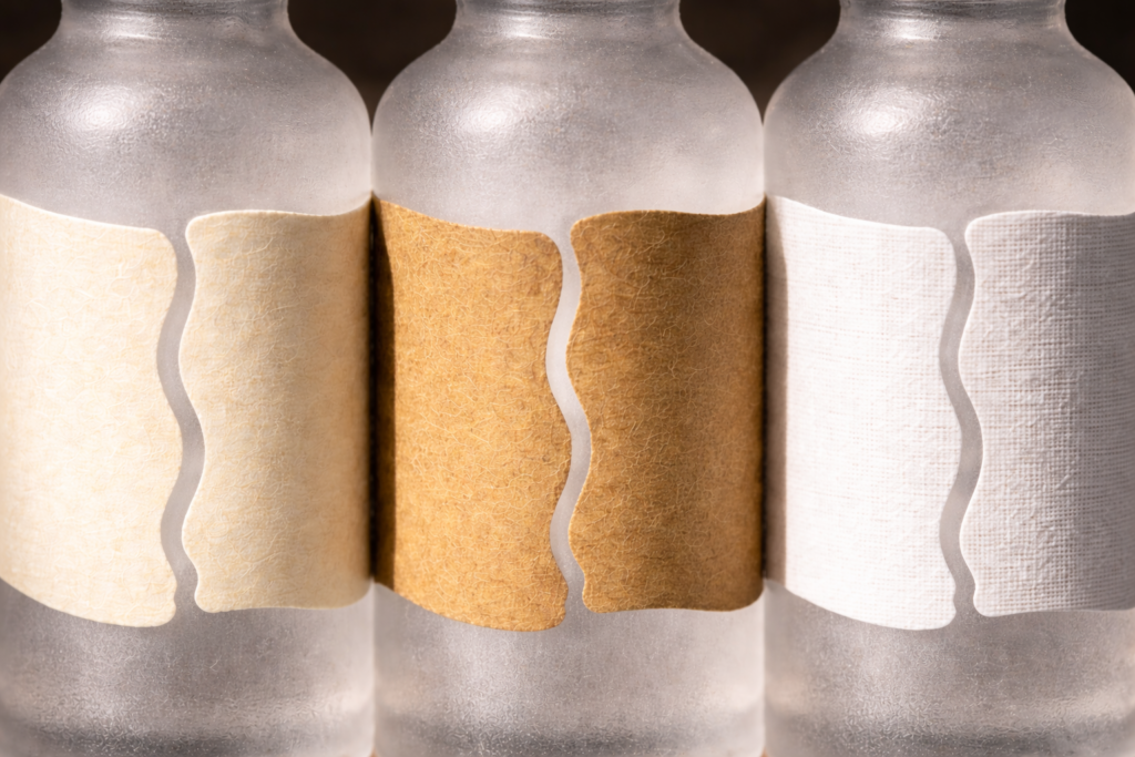 Macro detail of Ondulaโข wavy back seam labels in cream, kraft, and white linen textures on frosted cosmetic dropper bottles under dramatic lighting