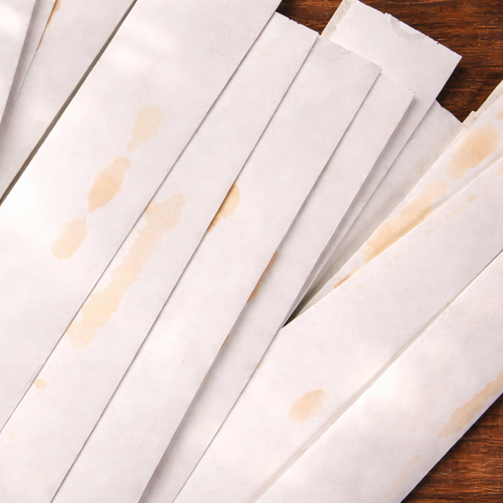 White paper incense sleeves arranged in an overlapping fan on a dark wood surface, showing light oil stains in soft beige tones under warm, dappled sunlight.