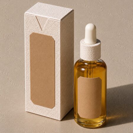 Luxury body oil bottle paired with matching cream textured cosmetic packaging box for retail and small business branding.