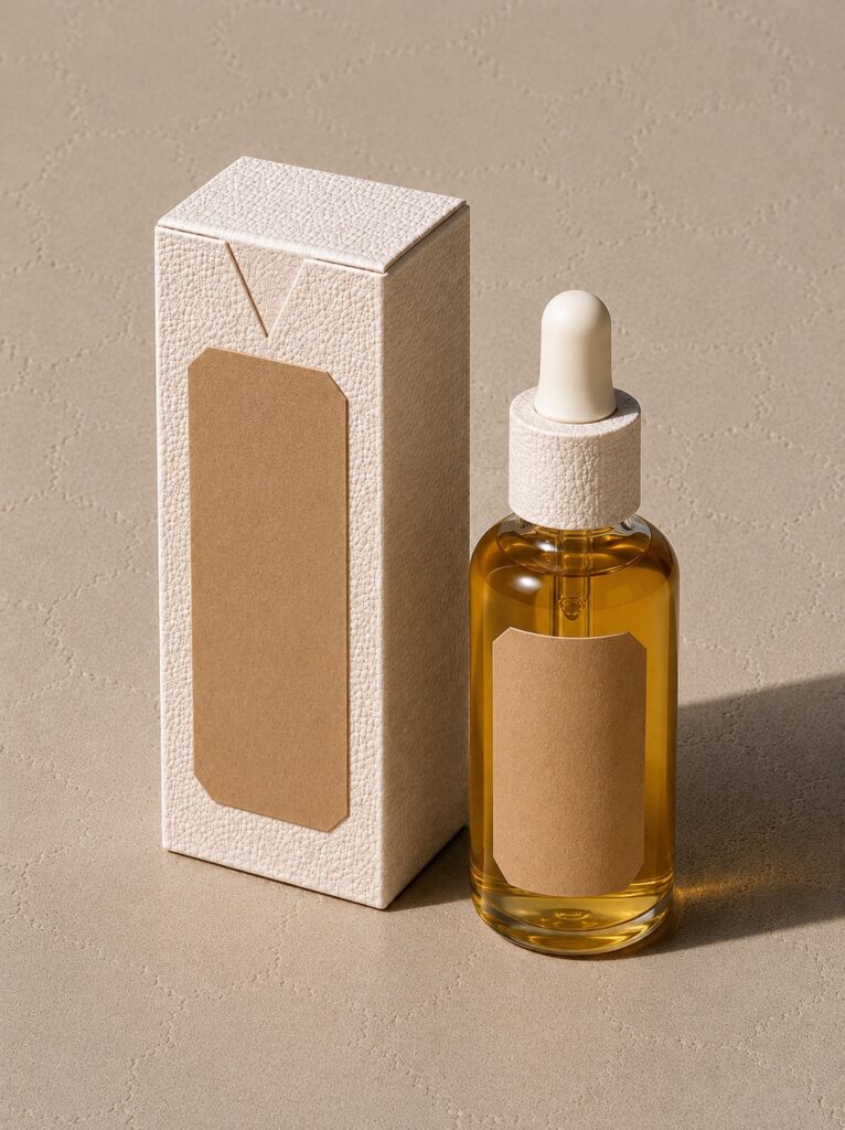 Luxury body oil bottle paired with matching cream textured cosmetic packaging box for retail and small business branding.