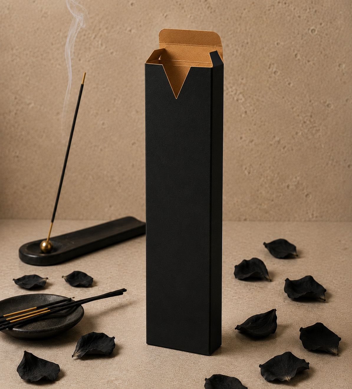 Luxury black incense tuck box with a kraft interior and signature V-cut opening, displayed open beside a burning incense holder and scattered black flower petals on a warm stone background, highlighting the premium contrast between the matte black exterior and natural kraft interior.