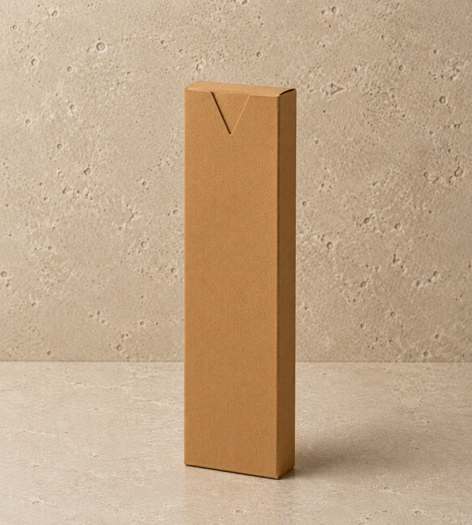 Luxury kraft incense packaging box with black interior and V-cut tuck flap closure, standing upright on a neutral stone background. Custom incense stick packaging designed by UX BOXES®.