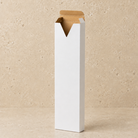 Minimalist white incense tuck box featuring a signature V-cut front opening and natural kraft interior, shown open on a warm stone-textured background. The clean white exterior contrasts with the kraft interior, emphasizing a modern, premium packaging design for incense sticks.