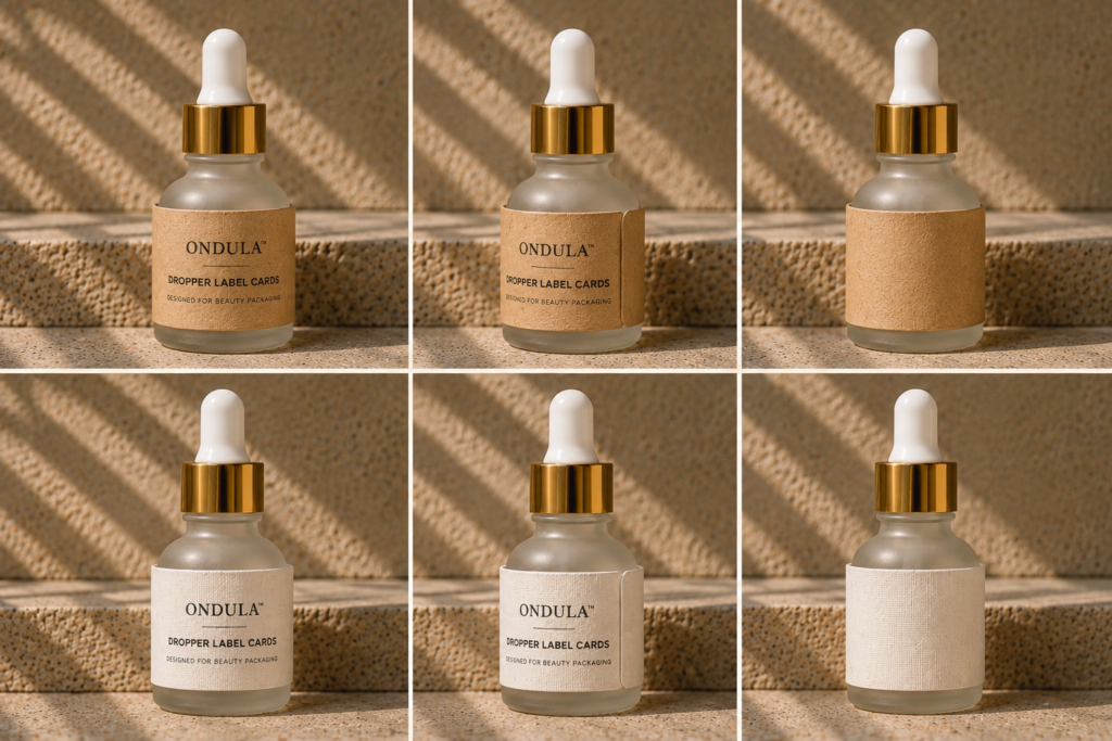 Ondula™ short dropper label cards in kraft and white linen textures wrapped around frosted glass bottles with gold droppers, shown from front, side, and back views.