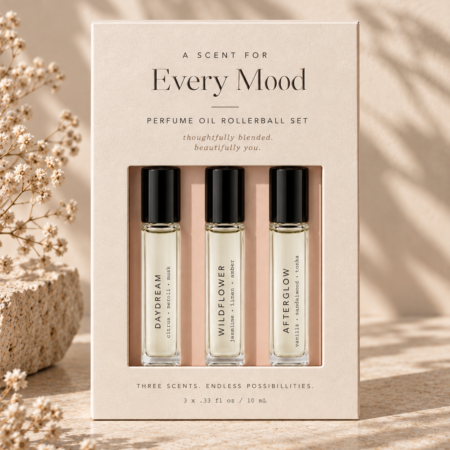 Front view of cream perfume oil rollerball packaging with three glass fragrance vials, black caps, blush insert, and elegant minimalist typography.