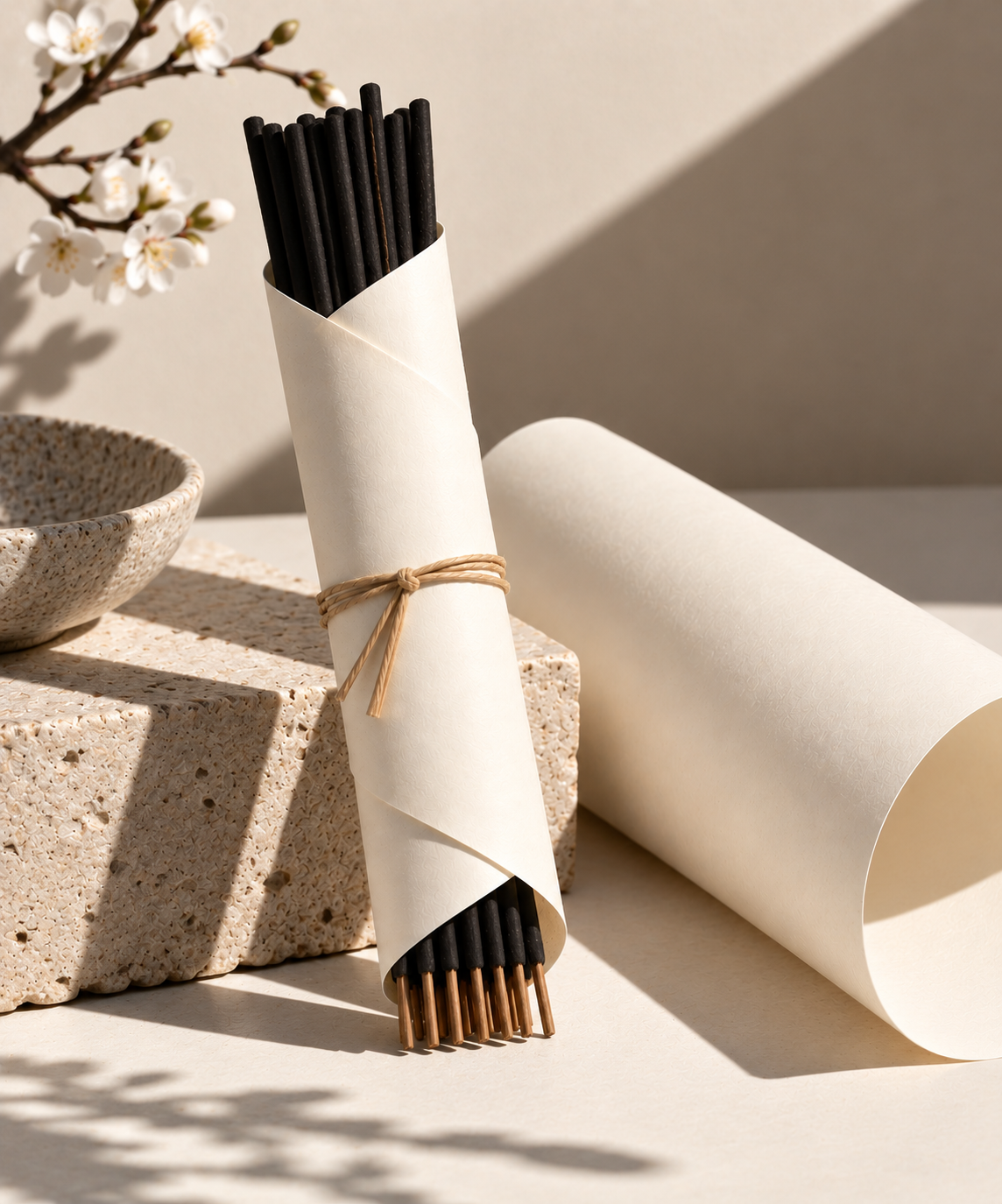 Black incense sticks wrapped in smooth ivory bamboo paper with natural twine, styled with Japanese-inspired blossoms and stone under stark directional lighting.