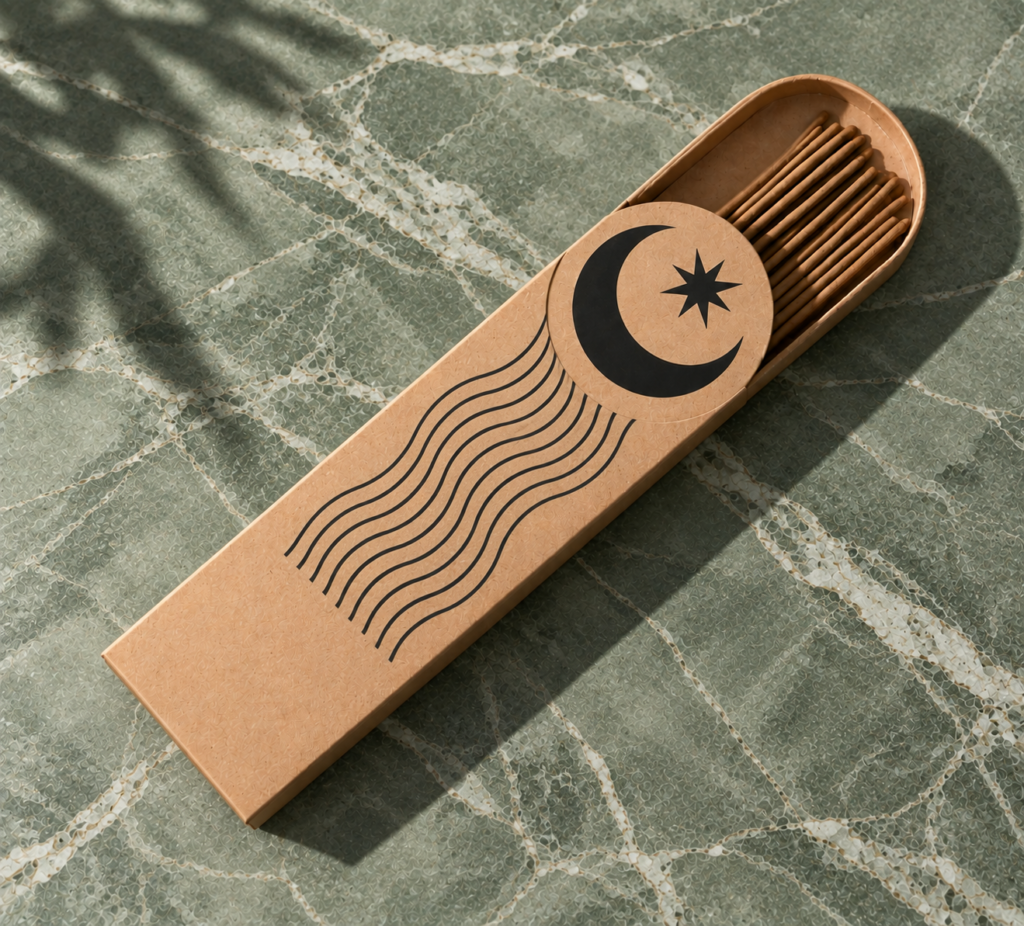 Kraft dome incense slider box with rounded tray designed to hold incense sticks.