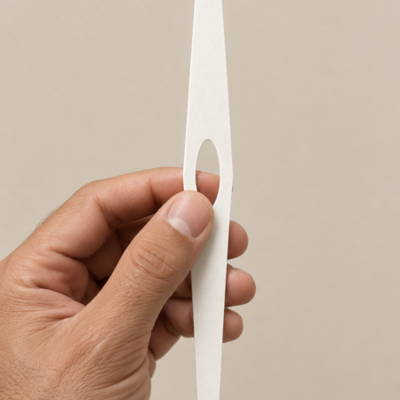 Man’s hand holding a tapered perfume scent strip with a center cutout against a warm beige background.