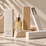 Luxury nail and cuticle packaging with cuticle oil bottle, embossed nail care boxes, and Cuticle Care slider box on a neutral stone display.